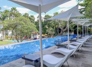 a row of white chairs and umbrellas next to a swimming pool at HARRIS Hotel & Conventions Malang in Malang