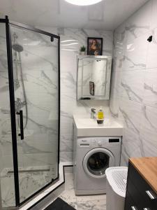 a bathroom with a washing machine and a shower at Central Cozy Apartment in Ludza