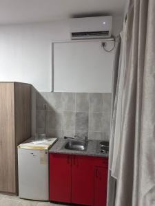 a small kitchen with a sink and red cabinets at Apartments Agape in Belgrade +41 photos
