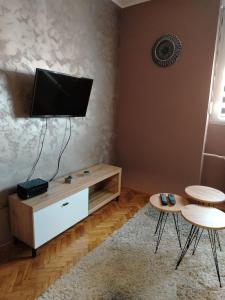 a living room with a flat screen tv on a wall at Apartman Petrov in Pančevo