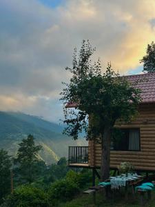 a house with a table and a tree in front of it at OHANA Cottages in Merisi in Merisi