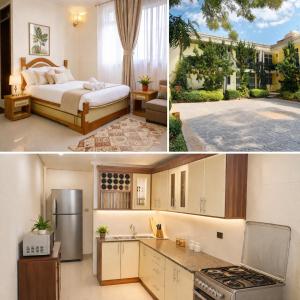two pictures of a kitchen and a bedroom at Avi Guest House in Addis Ababa +33 photos