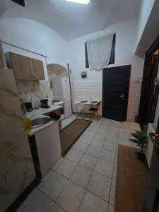 eine kleine Küche mit Spüle und Arbeitsfläche in der Unterkunft Reset Apartment in Cluj-Napoca