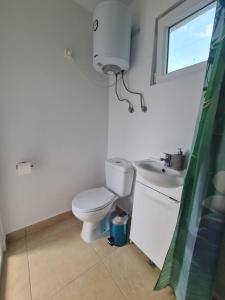 a bathroom with a toilet and a sink and a window at Ferma DAC in Galaţi