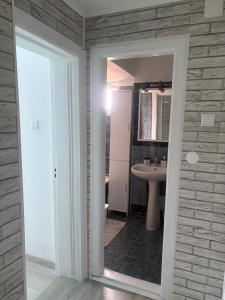 a bathroom with a sink and a mirror at Transfăgărașean Gateway in Curtea de Argeş