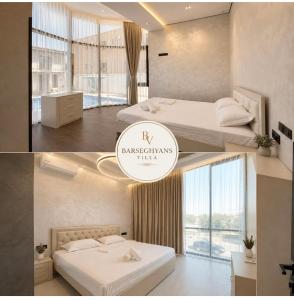 a bedroom with two beds and a large window at Barseghyans Villa in Nor-Kesariya