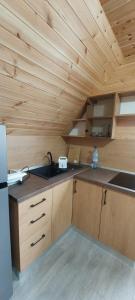 a kitchen with a wooden ceiling and a sink at A-Căsuța de la munte in Arieşeni +28 photos