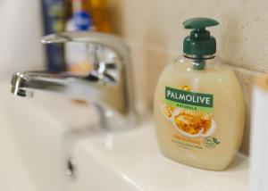 a bottle of laundry detergent sitting on a bathroom sink at apartman STUDIO ELEGANCE in Bečej +6 photos