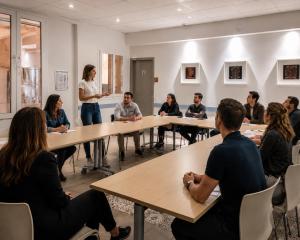 a group of people sitting around tables in a room at Appartements des Joncas in Martigues