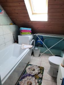 a small bathroom with a toilet and a sink at Tahi Apartman in Tahitótfalu +32 photos