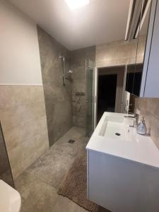 a bathroom with a white sink and a shower at Globasnitzer Cottage am Fuße der Petzen in Globasnitz +21 photos
