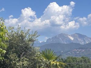 a view of a mountain range with trees and clouds at Villino Arsella in Marina di Pietrasanta