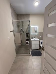 a bathroom with a shower and a sink at Морской Двор in Chornomorsk
