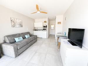 a living room with a couch and a flat screen tv at Studio rez-de-jardin la Baule proche centre Pornichet in La Baule