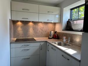 een keuken met witte kastjes, een spoelbak en een raam bij Luxe Tiny House Ooij in Ooij