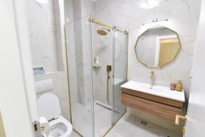 a bathroom with a shower and a toilet and a sink at Dream Palace 1 in Belgrade