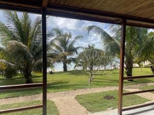 a view of a park with palm trees from a window at ANKAVIA Lodge in Toamasina