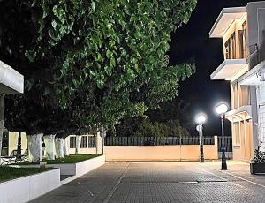 a street with two street lights next to a building at Evia Plaza Suites in Amarynthos