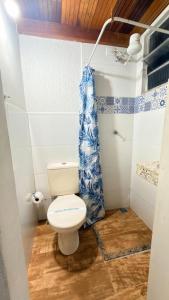 a bathroom with a toilet and a blue shower curtain at Ninho Moderno in Volta Redonda