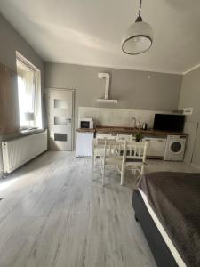 a living room with a table and chairs and a kitchen at Louis Apartaments Kostrzyn in Kostrzyn nad Odrą