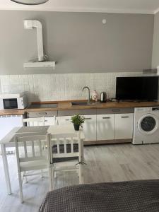 a kitchen with a table and a washing machine at Louis Apartaments Kostrzyn in Kostrzyn nad Odrą +1 photo