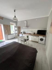a room with a kitchen with a bed and a table at Louis Apartaments Kostrzyn in Kostrzyn nad Odrą