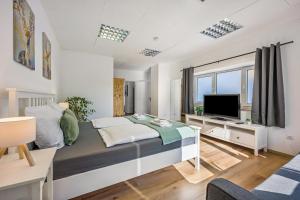 a bedroom with a bed and a flat screen tv at Romy in Reischach