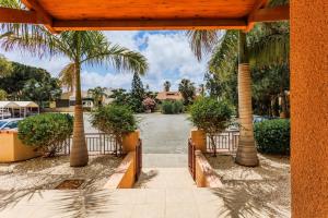 a view from the entrance to a villa with palm trees at Villa Isla in Peyia