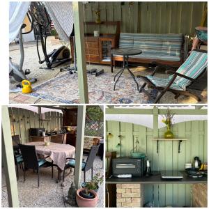 a collage of four pictures of furniture and a table at Villa Lavanda Vendégház & Spa in Gyulakeszi +15 photos