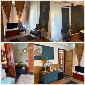 a collage of three pictures of a living room at Villa Lavanda Vendégház & Spa in Gyulakeszi
