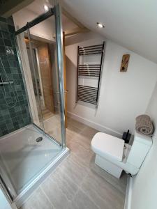 a bathroom with a shower and a toilet at The Music Rooms in Bewdley