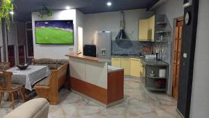 a living room with a kitchen with a tv on the wall at Vila Melina Sarajevo in Bjelugovići