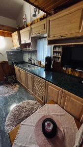 a kitchen with a table and a counter top at Chata u Zajpta in Ústí nad Labem