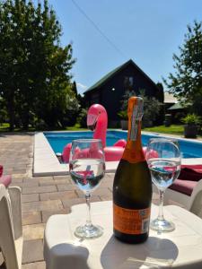 Eine Flasche Wein steht mit zwei Weingläsern auf einem Tisch. in der Unterkunft Tiny House 3-Imanje Terzić in Golubovci