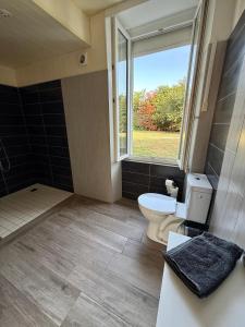 a bathroom with a toilet and a window at La Prairie 65 in Lafitole +11 photos