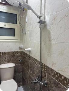 a bathroom with a shower with a toilet and a shower head at Modern Studio Mansoura Universityستوديو مودرون مقابل جامعة المنصورة in Mansoura