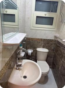 a bathroom with a sink and a toilet and a mirror at Modern Studio Mansoura Universityستوديو مودرون مقابل جامعة المنصورة in Mansoura
