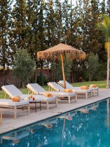 a group of lounge chairs with an umbrella and a pool at Villa zitoun in Aït Bou Zguia +3 photos