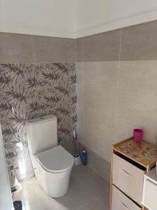 a bathroom with a toilet with a leaf pattern on the wall at Appartement Zen VIP Péreybère in Grand-Baie