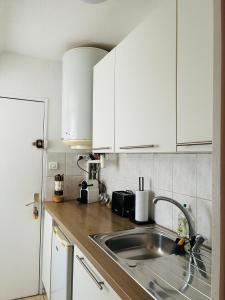 a kitchen with a sink and white cabinets at Studio Centre Strasbourg in Strasbourg