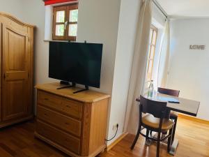 a television on top of a wooden dresser with a chair at Landhaus Magnus in Ramberg
