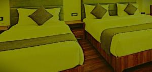 two beds in a hotel room with green sheets at The Nagpal Hotel in Haridwār