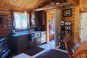 a kitchen with a stove and a sink in a cabin at Cozy Cabin Oxen-Le-Fields Montana in Conner