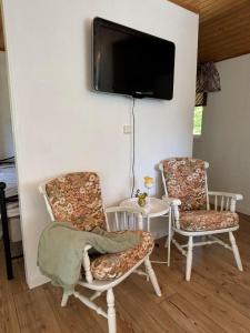 a living room with two chairs and a tv on the wall at Cozy cottage on Värmdö in Djurhamn