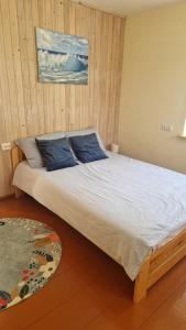 a large bed with blue pillows in a room at Bocmano vila in Meteliai
