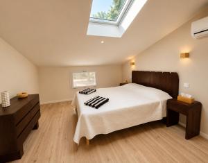 a bedroom with a large bed and a skylight at Le Chai de Canteloup in Yvrac +33 photos