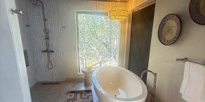 a bathroom with a tub and a shower with a window at Ndzhaka Tented Camp in Manyeleti Game Reserve +134 photos