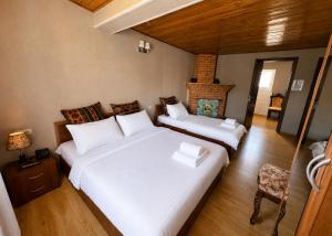 a bedroom with two beds and a fireplace at Hotel Kalanga in Tbilisi City