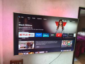a tv screen with a black widow website on it at Muminhuset i Norberg in Norberg