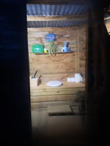 a bathroom with a toilet on a wooden wall at Maisie's Campsite in Bideford